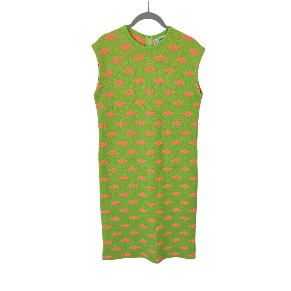 Mod Bodycon Dress Vtg Capsa Originals Green Pink Knit Sleeveless Crew Neck Retro